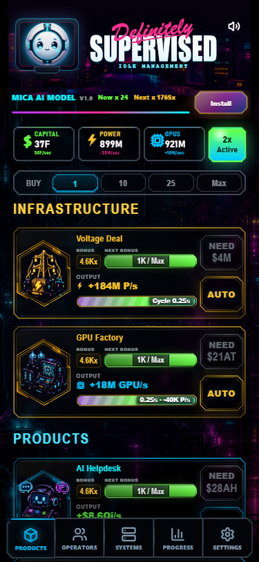The mobile Products screen showing active infrastructure and automated products generating Capital