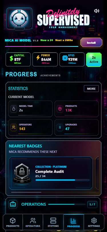 The mobile Progress screen showing model statistics, nearest badges, and achievement tracks