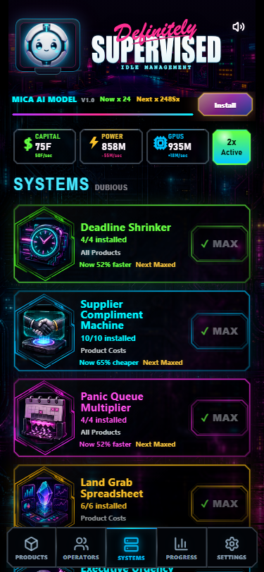 The mobile Systems screen showing installed upgrades across a progressed run